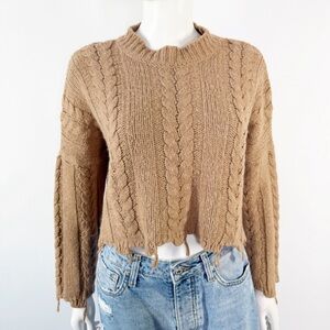 Kontatto Brown Cable-Knit Distressed Sweater One Size Long Sleeve Cropped
